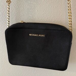 Michael Kors Black Saffiano Leather Crossbody Bag with Gold Chain